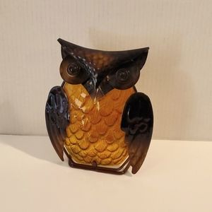Owl Candle Holder Brown Metal Amber-Colored Glass Light Catcher Rustic
